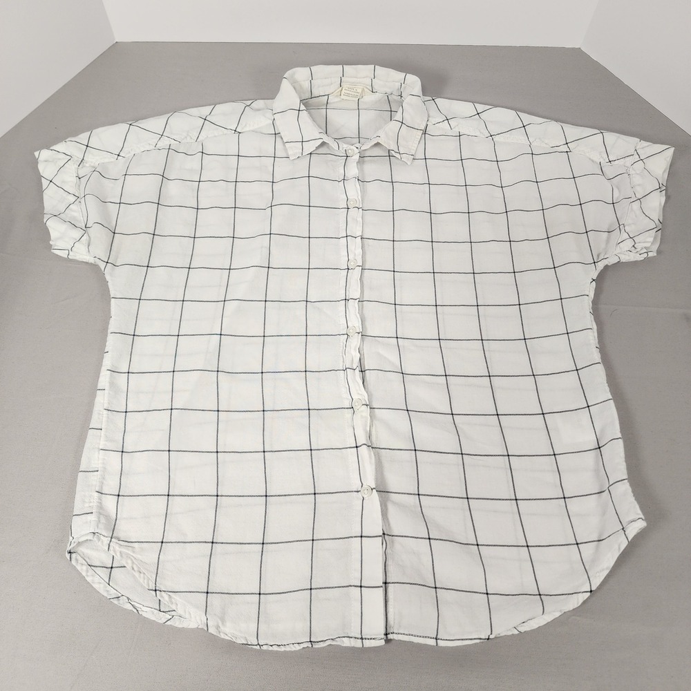 H&M Women White Navy Windowpane Check Short‎ Sleeve Button Down Shirt Size 0